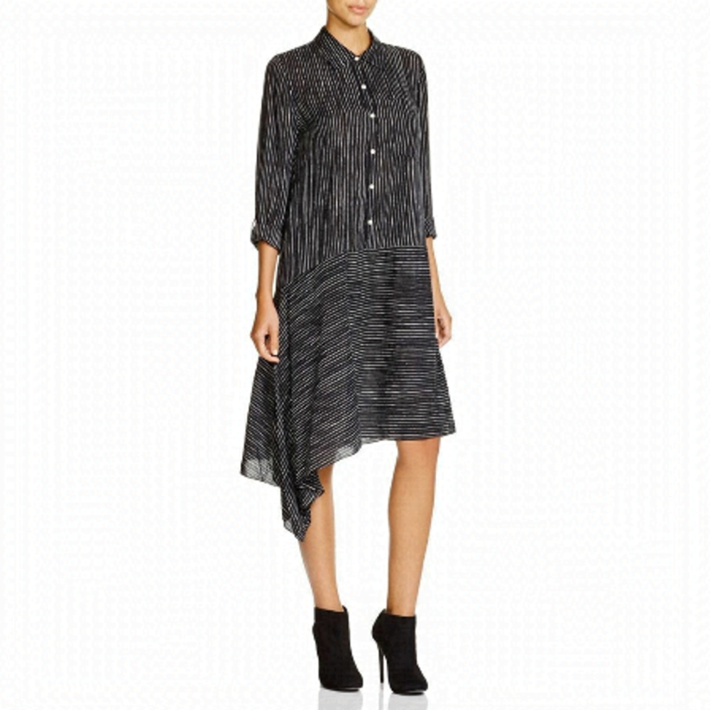 dkny Pure Black Striped Asymmetric Shirt Dress XS